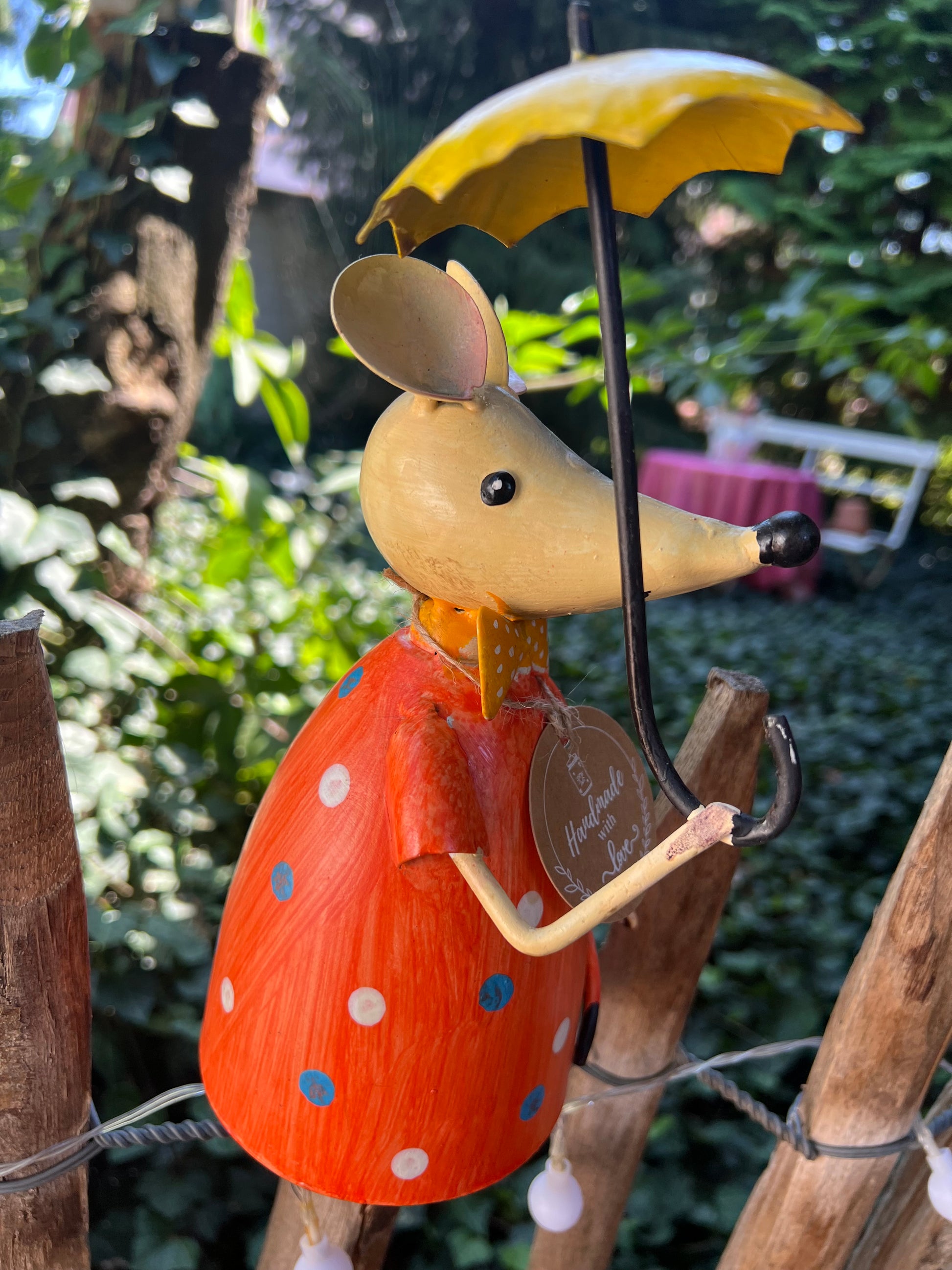 Zaunhocker Maus in orange mit Tupfen 20 cm Höhe