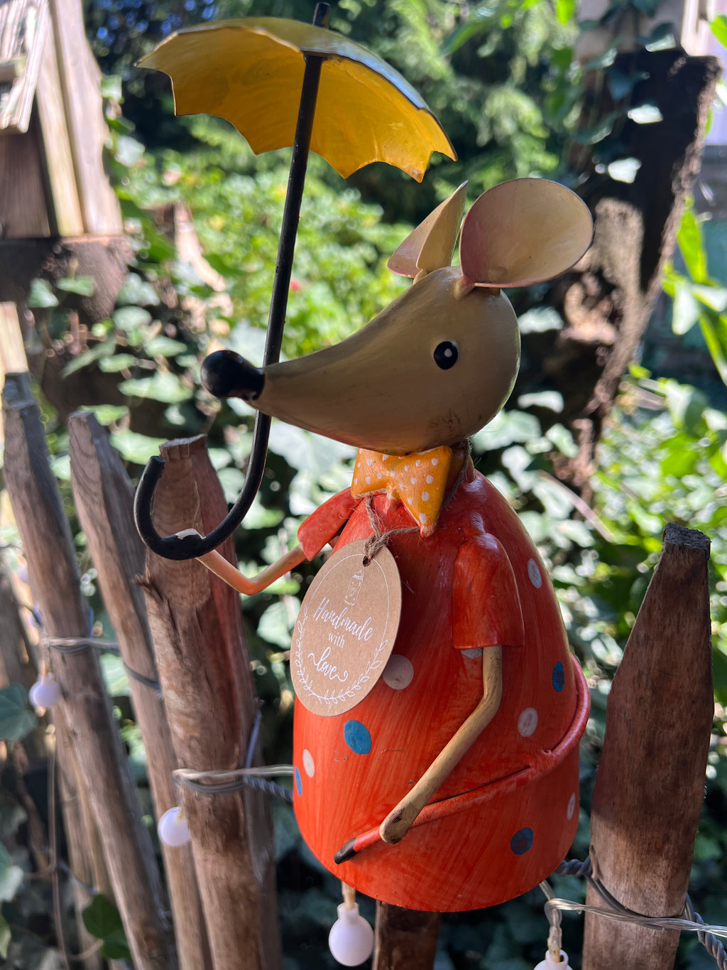 Zaunhocker Maus in orange mit Tupfen 20 cm Höhe