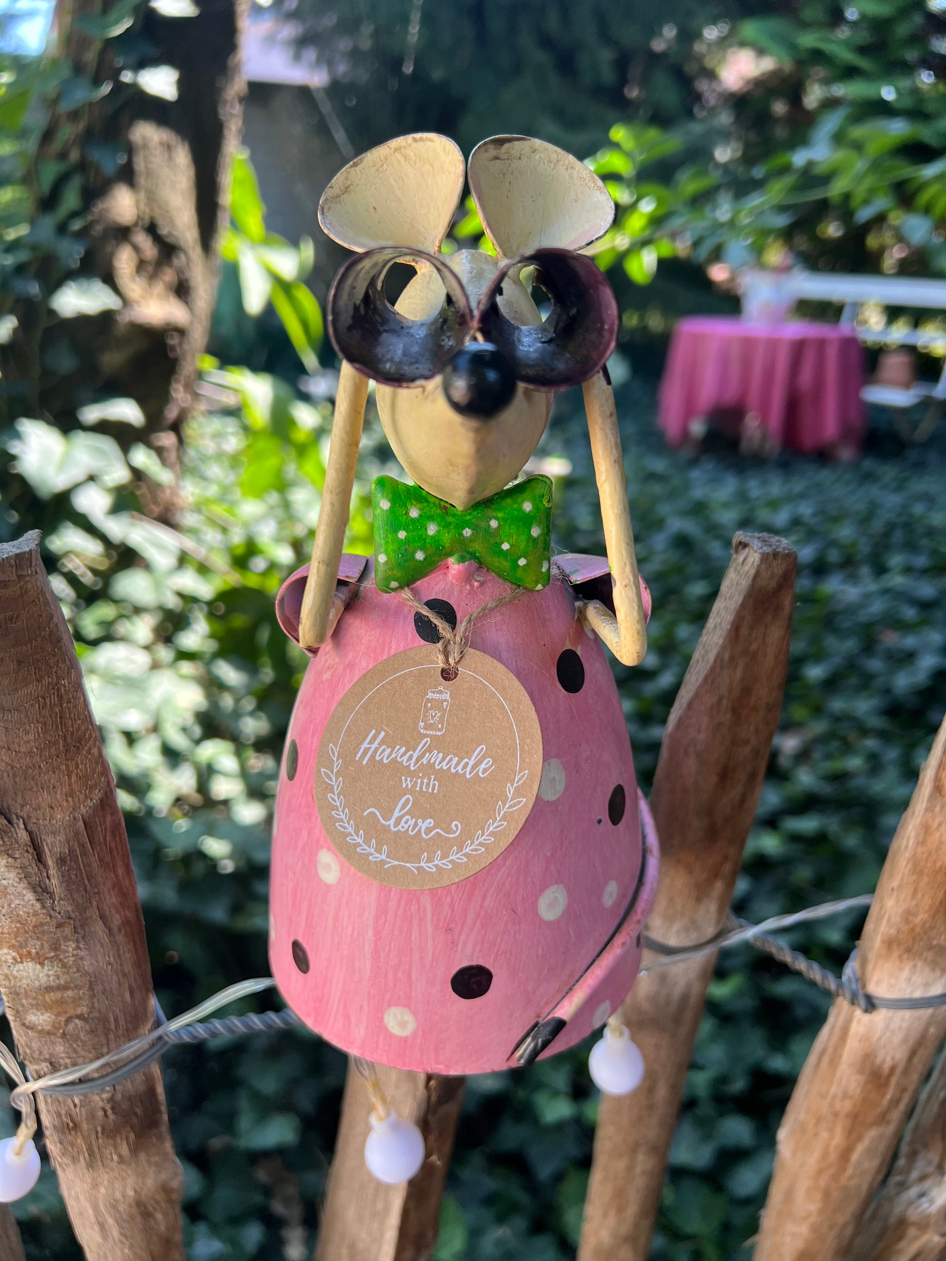 Zaunhocker Rosa Maus mit Tupfen 20 cm Höhe